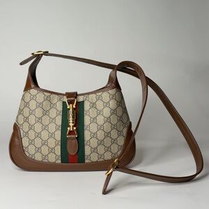 Gucci Jackie 1961 Beige and Brown Shoulder Bag with Green and Red Stripe